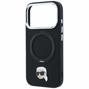 Musta Karl Lagerfeld MagSafe -kuori 360° rengasjalustalla ja Karl-pääembleemillä iPhone 18 Pro Max / 17 Pro Max -puhelimelle