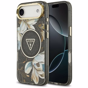 Guess IML Glitter Flowers Triangle MagSafe Suojakuori iPhone Air:lle - musta