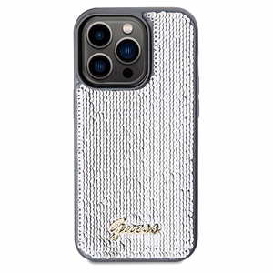 Guess Sequin Script Metal -suojakuori iPhone 14 Prolle - hopeinen