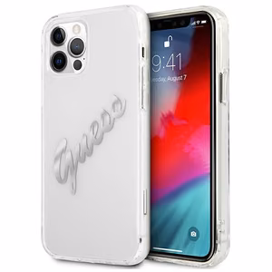 Guess GUHCP12MKTRSVSI iPhone 12/12 Pro 6.1" läpinäkyvä kovakotelo Vintage Script Hopea