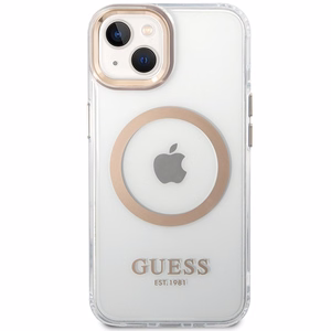 Guess Metal Outline MagSafe Suojakuori iPhone 15 Plus / 14 Plus:lle - kultainen