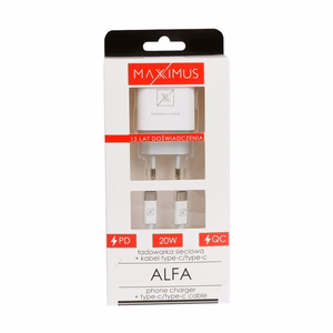 Seinälaturi MX ALFA 20W PD+QC, USB-A+C + C/C kaapeli 20W PD, valkoinen