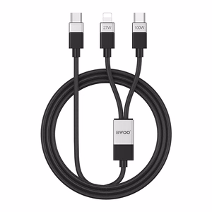 BWOO punottu 2-in-1 kaapeli USB-C - USB-C ja Lightning 1m 100W/27W musta