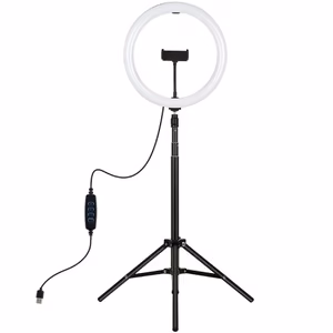 LED-rengaslamppu 30 cm jalustan kiinnikkeellä enintään 1,65 m, puhelimen pidike, USB