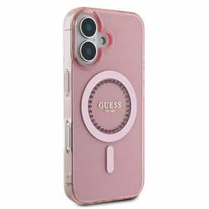 Guess IML Rhinestones MagSafe Suojakuori iPhone 16:lle - vaaleanpunainen