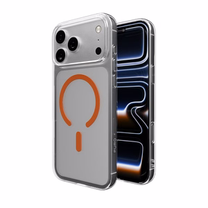 Puro Lite Mag TPU+PC suojakuori MagSafe-yhteensopiva iPhone 17 Pro Max:lle - läpinäkyvä oranssilla renkaalla