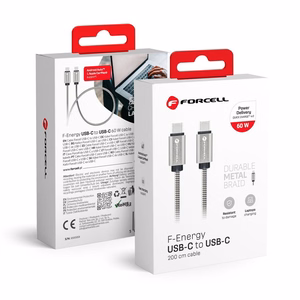 Kaapeli USB C - USB C Forcell F-Energy QC4.0 PD 3A 66W Metal 2 m C237 hopeinen
