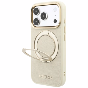 Guess Grained Classic Logo -suojakuori laitteelle iPhone 18 Pro / 17 Pro, 360° rengastuella, MagSafe-yhteensopiva – beige