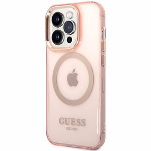 Guess GUHMP14XHTCMP vaaleanpunainen kova suojakuori iPhone 14 Pro Max 6.7 kultareunuksinen läpikuultava MagSafe