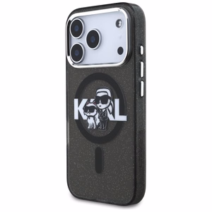 Karl Lagerfeld suojakuori Magsafe IML glitter metallisella kamerakehyksellä ja -näppäimillä Karl and Choupette sketch -logolla iPhone 17 Pro:lle musta
