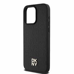 DKNY Nahkainen Monogram Pattern Metal Logo MagSafe Suojakuori iPhone 15 Pro Max:lle - Musta