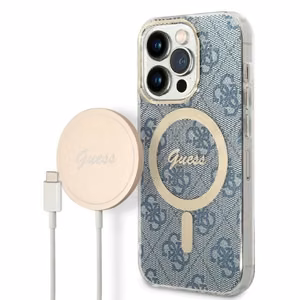 GUESS set iPhone 14 Pro:lle yhteensopiva MagSafe:n kanssa GUBPP14LH4EACSB (Bundle Pack / suojakuori + laturi / 4G) kultainen sininen