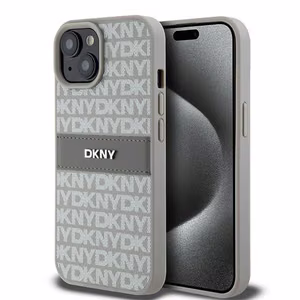 DKNY Nahkainen Mono Raita ja Metallinen Logo Suojakuori iPhone 15 Plus / 14 Plus:lle - beige