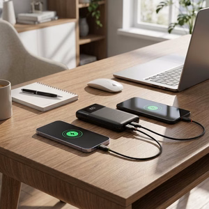FORCELL F-ENERGY F10K6 Multicharge -varavirtalähde sisäänrakennetuilla USB-C- ja Lightning-kaapeleilla, PD, QC3.0, 3 A, 22,5 W, 10000 mAh, musta