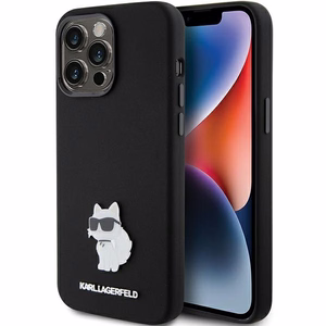 Karl Lagerfeld Silikoninen Choupette Metal Pin Suojakuori iPhone 15 Prolle - musta