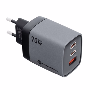 Puhelinlaturi Forcell F-Energy GaN III 2 x USB C + USB A QC4.0 3,45A PD 70W SAM SFC2.0 LCD-näytöllä VT-37 harmaa