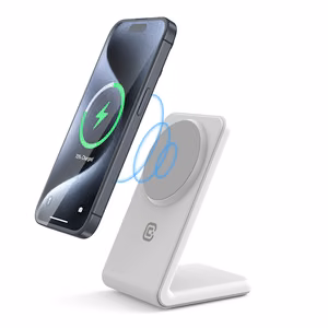 Crong MagSpot Stand 2-in-1 MagSafe-compatible wireless charger for iPhone and AirPods, white