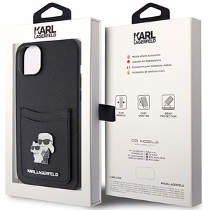 Karl Lagerfeld Saffiano Cardslot Karl&Choupette Metal Pin suojakuori iPhone 15:lle - musta