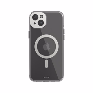 Moshi iGlaze MagSafe suojakuori iPhone 15 Plus -laitteelle, läpinäkyvä Luna Silver -yksityiskohdilla