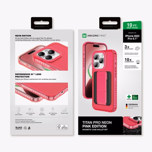 Amazing Thing Titan Pro Neon Mag Lompakkokuori 10FT IP156.1PTWPN iPhone 15 Pro:lle vaaleanpunainen jalustalla