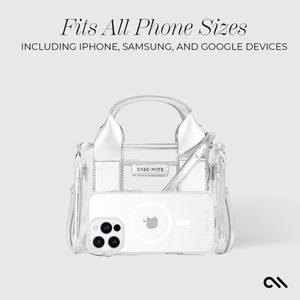 Case-Mate Micro Tote Bag vettä hylkivä olkalaukku, Silver Chrome / Clear