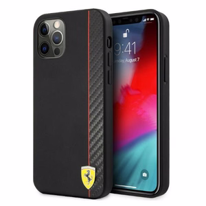 Ferrari FESAXHCP12LBK iPhone 12 Pro Max 6.7" musta/musta kovakotelo On Track Carbon Stripe -raidoitusratkaisu