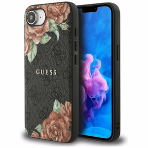 GUESS 4G Flowers Print MagSafe Alkuperäinen Suojakuori iPhone 17e/16e:lle - Musta