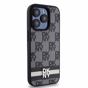 DKNY Nahkainen Ruudullinen Mono-kuvio ja Painetut Raidat Suojakuori iPhone 15 Pro Max:lle - musta