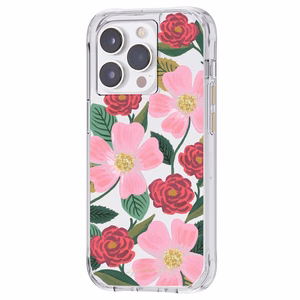 Rifle Paper Clear suojakuori iPhone 14 Pro -laitteelle, kullanvärisellä koristelulla, Rose Garden -kuvioinen