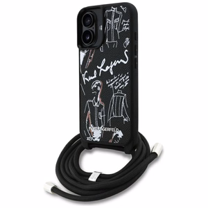 Karl Lagerfeld Suojakuori iPhone 16:lle KLHCP16SPGGRMPCK MagSafe-yhteensopiva (CRSSBY Grained PU W/ Pattern & Logo) - Musta