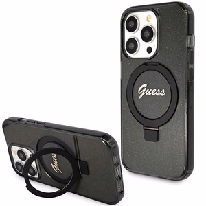 Alkuperäinen GUESS GUHMP15XHRSGSK Suojakuori iPhone 15 Pro Maxille (MagSafe-yhteensopiva / Glitter Script Logo / Ring stand / musta)