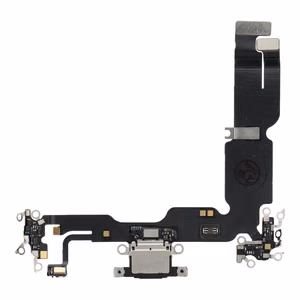 Original charging-port flex cable removed from a donor device for iPhone 15 Plus – black