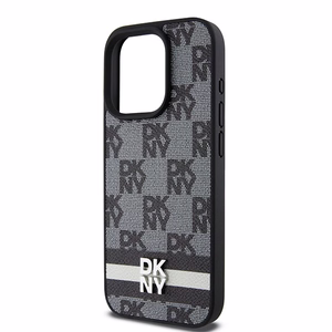 DKNY Nahkainen Checkered Mono Pattern & Printed Stripes Suojakuori iPhone 15 Pro:lle - musta