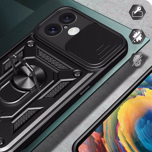 Hybrid Armor Camshield Panssaroitu Suojakuori iPhone 16:lle kameransuojalla ja jalustalla - Musta
