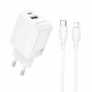 Borofone Seinalaturi BN27 Fuente - USB + Type C - QC 3.0 PD 20W Type C - Lightning kaapelilla valkoinen