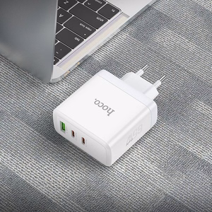 Laturi Hoco 2 x USB-C + USB-A GaN QC PD 65W N30 valkoinen