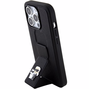 Karl Lagerfeld Gripstand Saffiano Karl&Choupette Pins Suojakuori iPhone 15 Prolle - musta