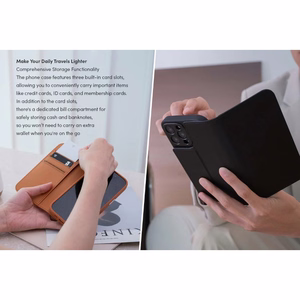Moshi Overture MagSafe suojakuori iPhone 16 Pro -laitteelle, irrotettavalla vegaaninahkaisella lompakolla, Caramel Brown -värinen