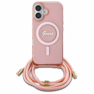 Guess Crossbody Cord Script MagSafe suojakuori iPhone 16:lle - vaaleanpunainen