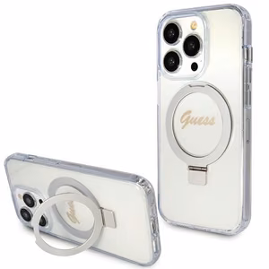 GUESS Suojakuori IPHONE 15 Prolle MagSafe-yhteensopiva GUHMP15LHRSGSD (Glitter Script Logo Ring stand) läpinäkyvä