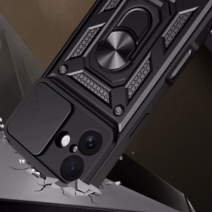 Hybrid Armor Camshield Suojakuori jalustalla ja kameran suojuksella iPhone 17:lle - musta