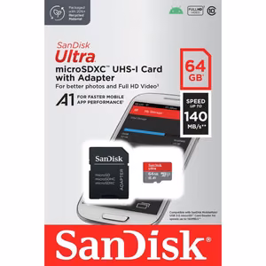 SanDisk muistikortti Ultra Android microSDXC 64GB 140MB/s A1 Cl.10 UHS-I + sovitin