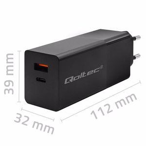 Qoltec 52382 GaN Power Pro Laturi 100W 1x USB-C 1x USB-A PD Musta