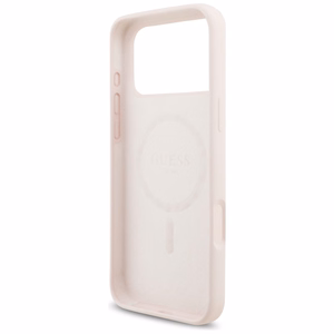 vaaleanpunainen Guess Silicone Script Metal Logo MagSafe -suojakuori Iphone 18 Pro Max / iPhone 17 Pro Max -laitteille