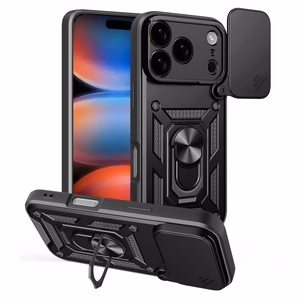 Hybrid Armor Camshield Suojakuori jalustalla ja kameran suojuksella iPhone 17 Pro:lle - musta