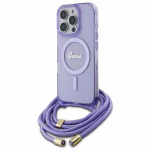 Guess Crossbody Cord Script MagSafe Suojakuori iPhone 16 Pro Max:lle - violetti