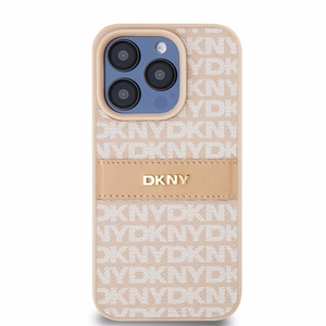 DKNY Nahkainen Mono Raita ja Metallinen Logo Suojakuori iPhone 15 Pro:lle - vaaleanpunainen