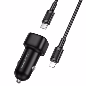 Borofone BZ34B Cloud -autolaturi - USB + Type C - QC 3.0 PD 38W ja Type C - Lightning -kaapeli, musta