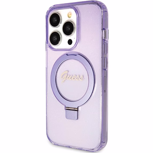 Guess Ring Stand Script Glitter MagSafe Suojakuori iPhone 15 Prolle - violetti