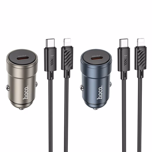 Autolaturi Hoco USB-C QC3.0 PD 30W + USB-C - Lightning -kaapeli Z57 metallinen harmaa